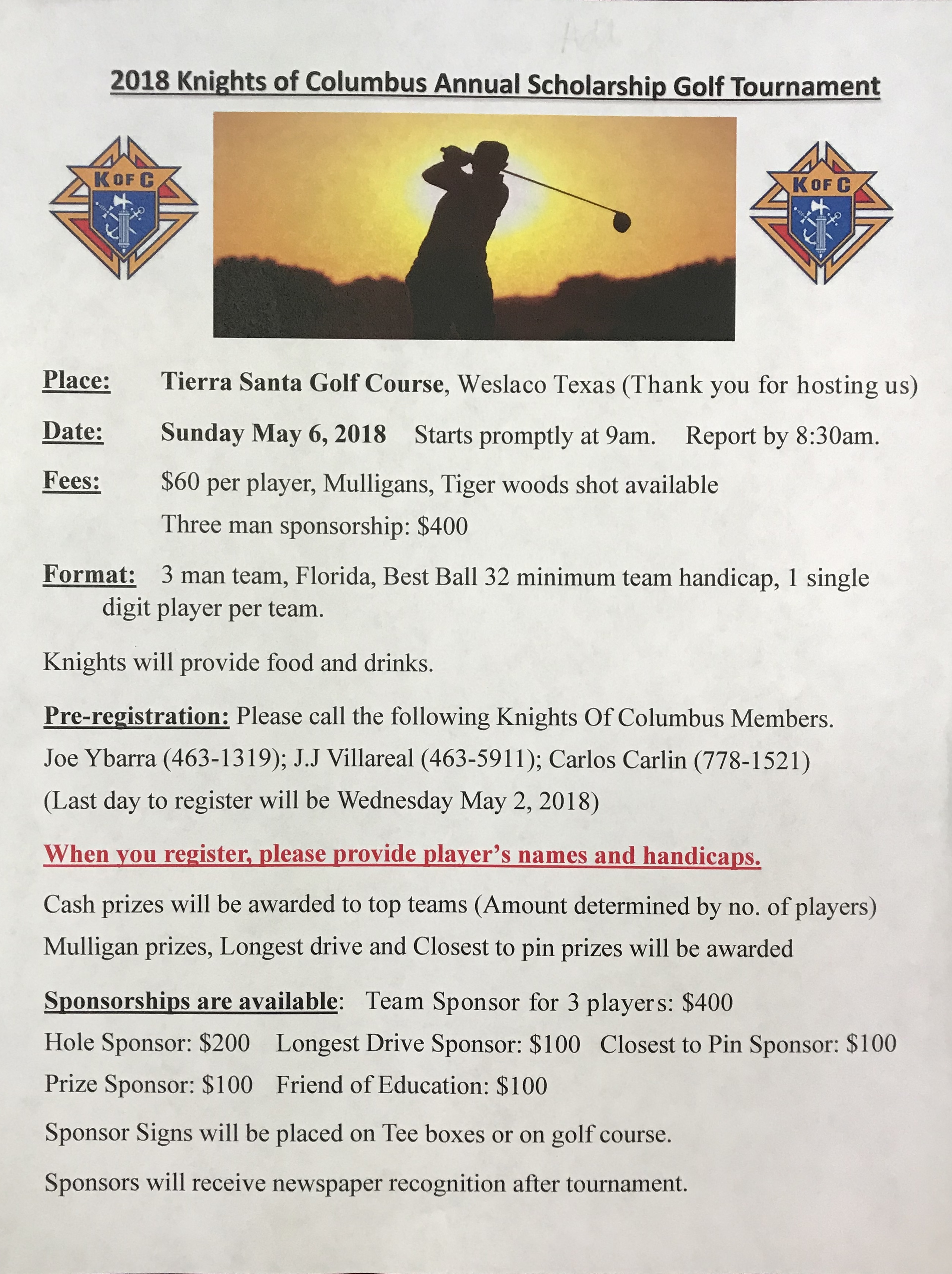 2018 Knights of Columbus Annual Scholarship Golf Tournament